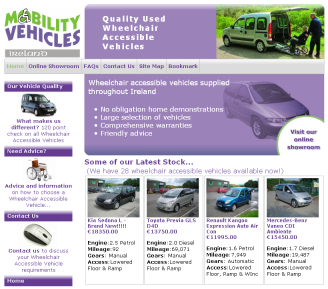 Home page of the Mobility Vehicles Ireland website.
